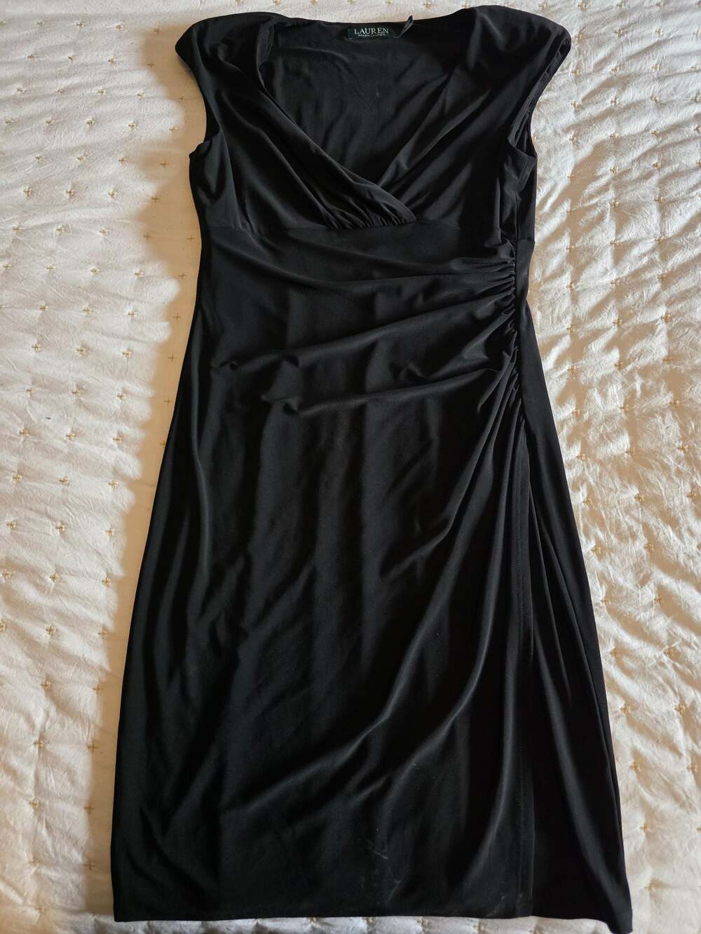 Lauren Ralph Lauren Black Cap Sleeve‎ Surplice Ruched Jersey Sheath Dress